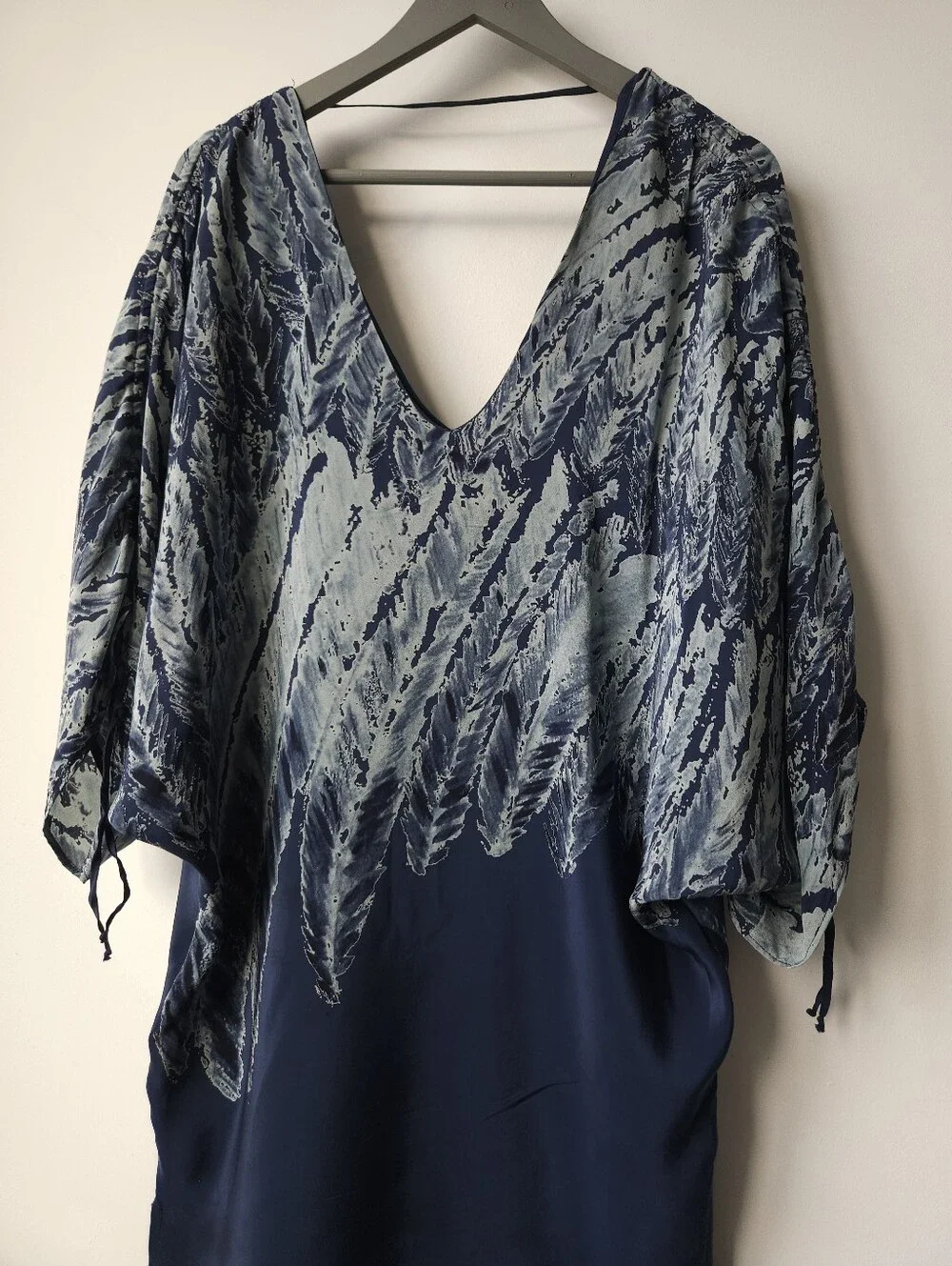 Ramona Larue Silk Blue Colorway Scrunch Shoulder V-Neck Caftan Dress